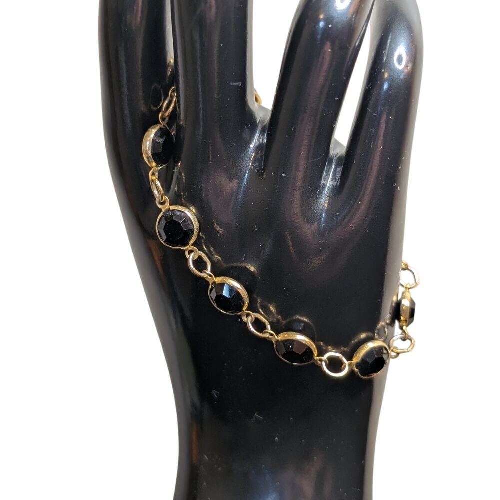 VTG Gold Tone Bezel Set Black Faceted Austrian Crystal Made in USA Bracelet